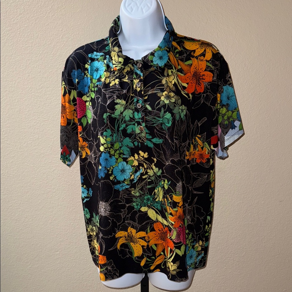 Johnny Was Nero Sequence Multicolor Floral Short Sleeve Polo Tee Women’s Size M